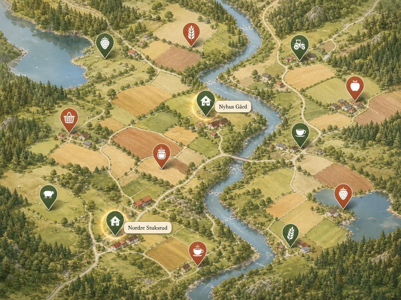 Varmt terrengkart over norsk gårdslandskap med daler, jorder, skog og små gårdstun — Nyhus Gård og Nordre Stuksrud er de første gårdene på Gårdstuns kart