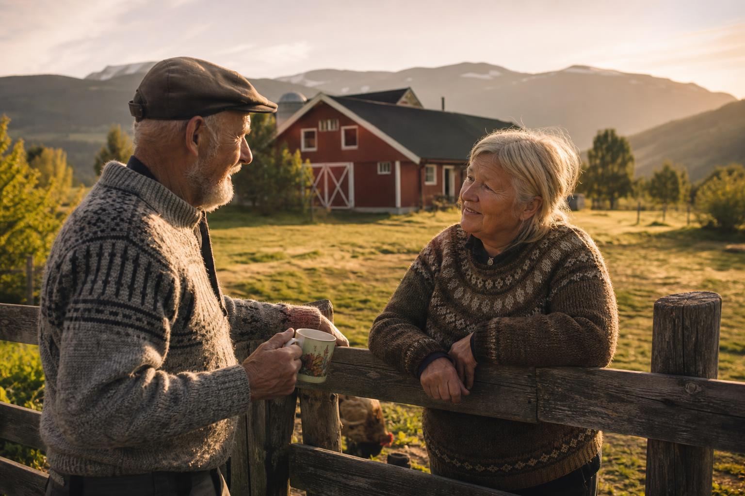 Et lite gårdstun med mennesker fra ulike generasjoner samlet rundt bord, epletre og rødt fjøs